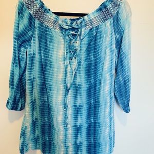 blue tie dye off the shoulder shift dress!